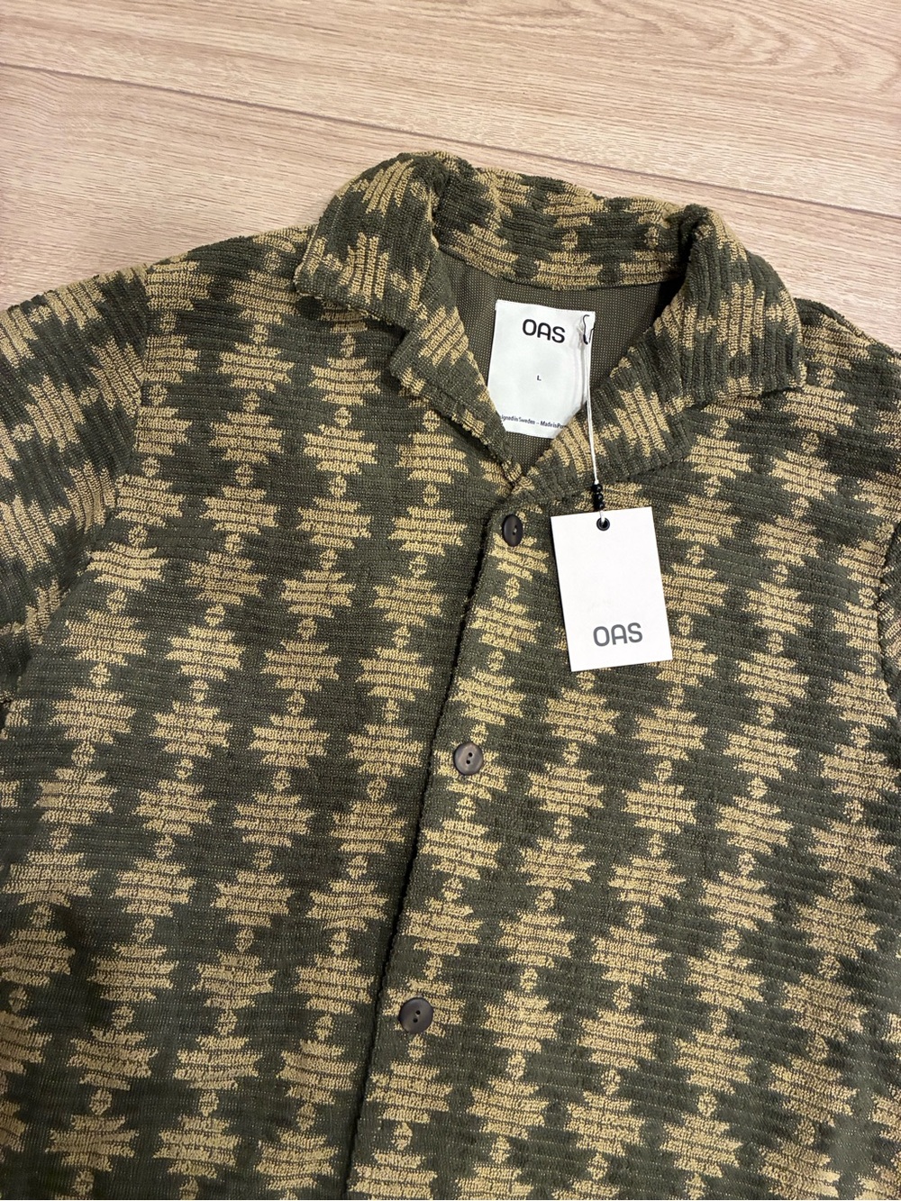 NWT OAS Men’s Forti Cuba Shirt Dark Green Terry Short Sleeve Button Up Size L